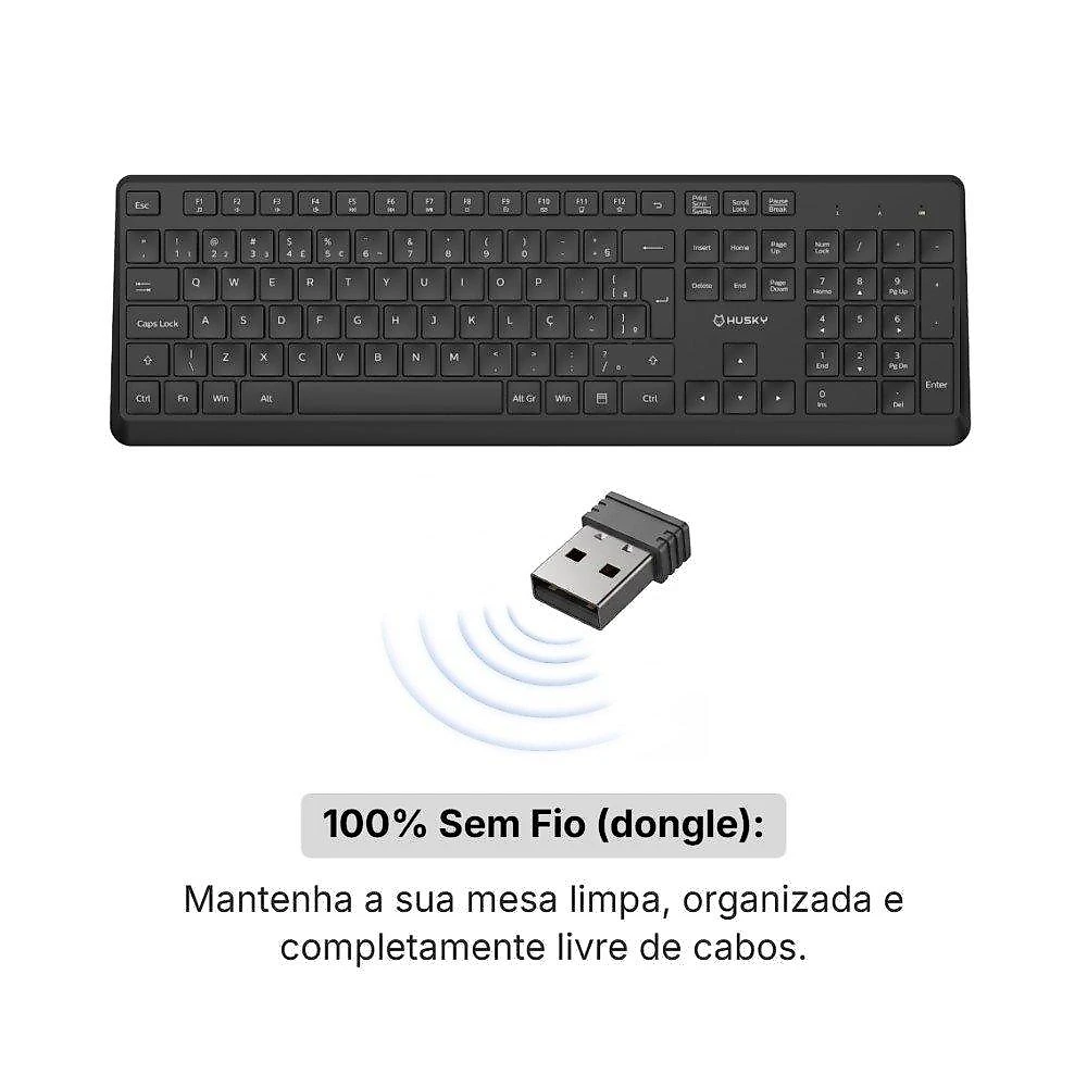 Teclado Office Husky Vero 200 Sem Fio 2.4GHz, Silencioso, Perfil Baixo, Full Size ABNT2, Preto -  HTO200PT Teclado Office Husky Vero 200 Sem Fio 2.4GHz- HTO200PT