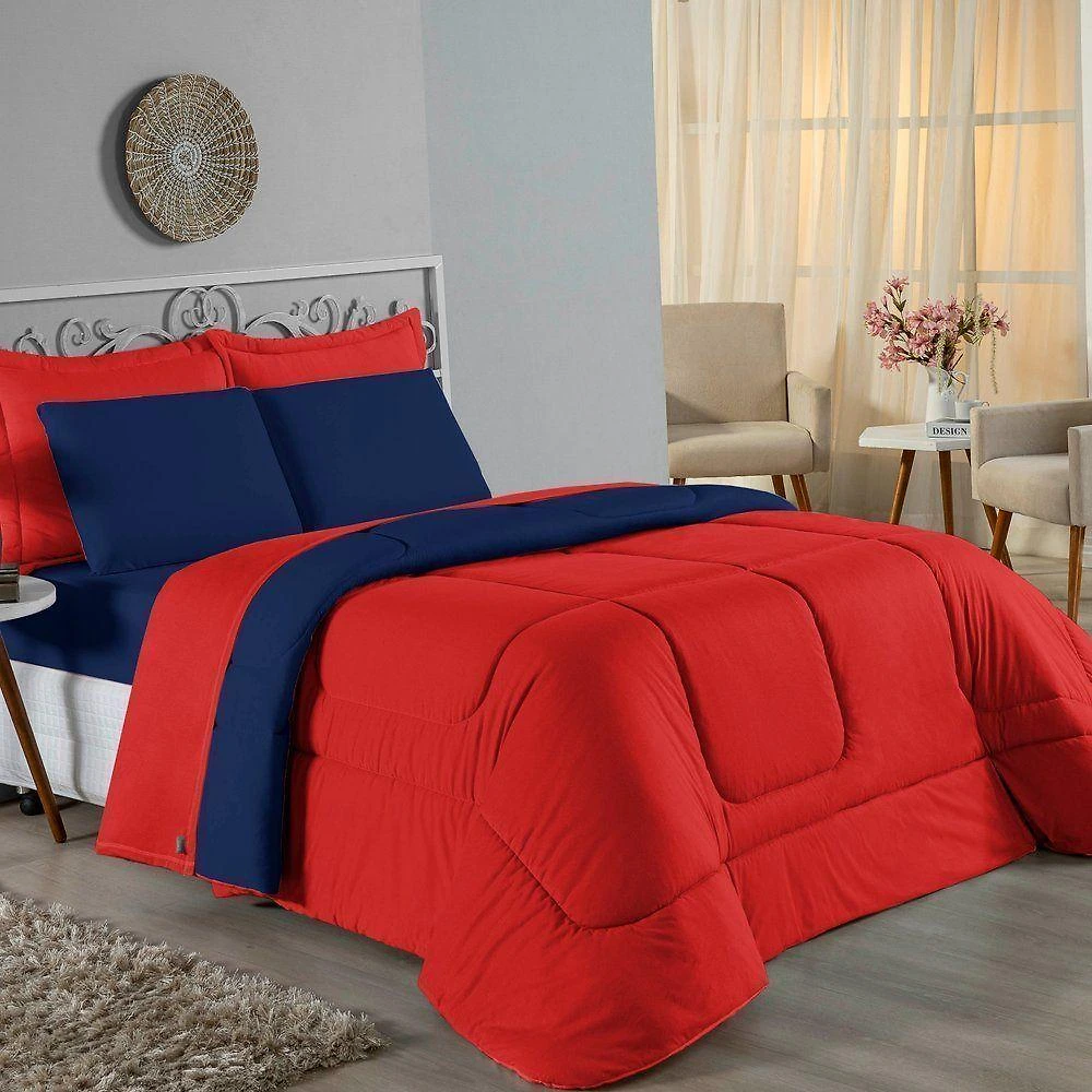 Edredom Queen Nobre 1 Peça Dupla Face 2,40m X 2,60m Malha 100% Algodão - Vermelho / Azul-marinho