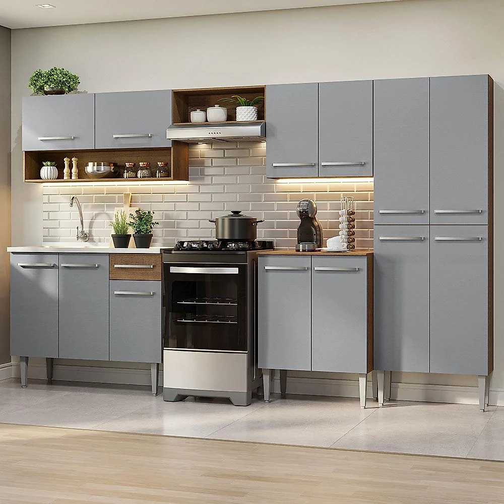 Armário de cozinha completa 293cm com pia rustic/cinza emilly madesa 09