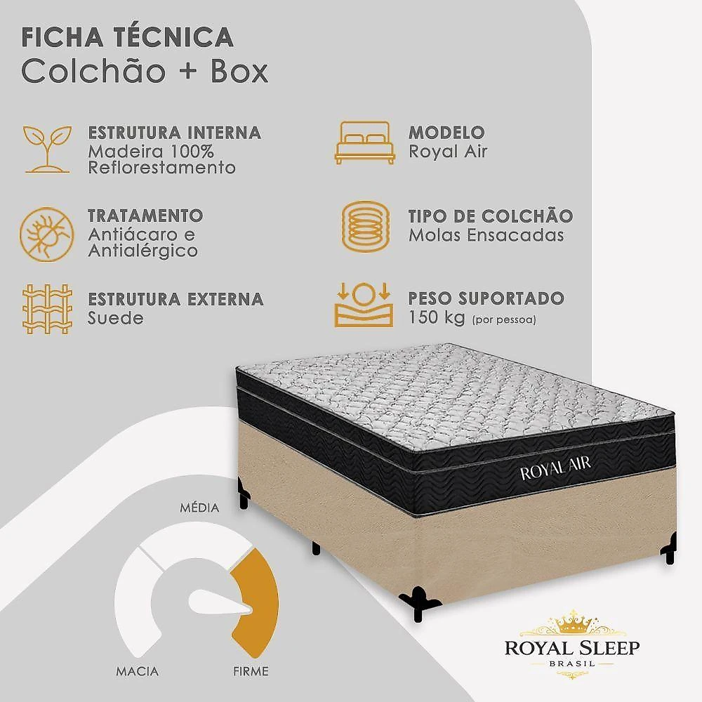 Cama Box com Colchão Casal Royal Air Pillow Top Molas Ensacadas Suede Bege Royal