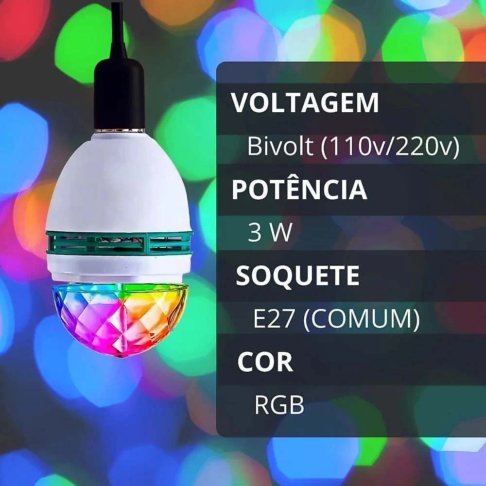 Lâmpada Festa Multicolorida LED Giratória 360 graus  com Efeito Strobo Bivolt