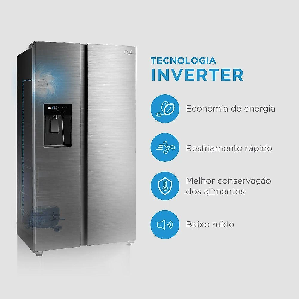 Refrigerador midea side by side 570l dispenser de agua e gelo inverter inox - 127v (mdrs761myd461)