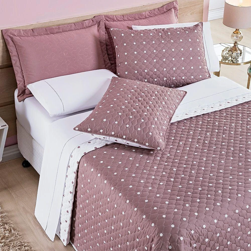 Cobre Leito + Jogo De Cama Casal Padrão + Jogo De Banho Petit Poá 12 Peças 100% Poliéster - Rose