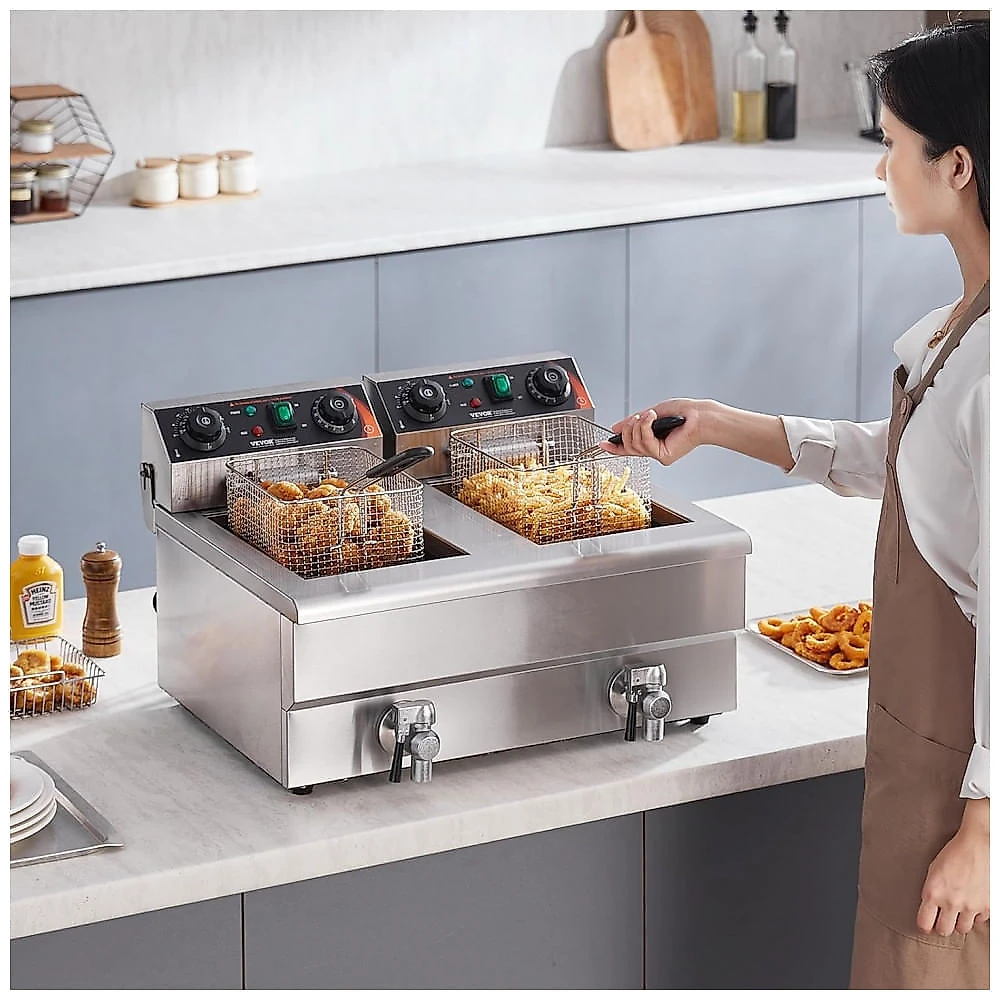 Fritadeira Elétrica Profissional VEVOR Duplo Tanque 22L Inox Temporizador Escorredor 110V
