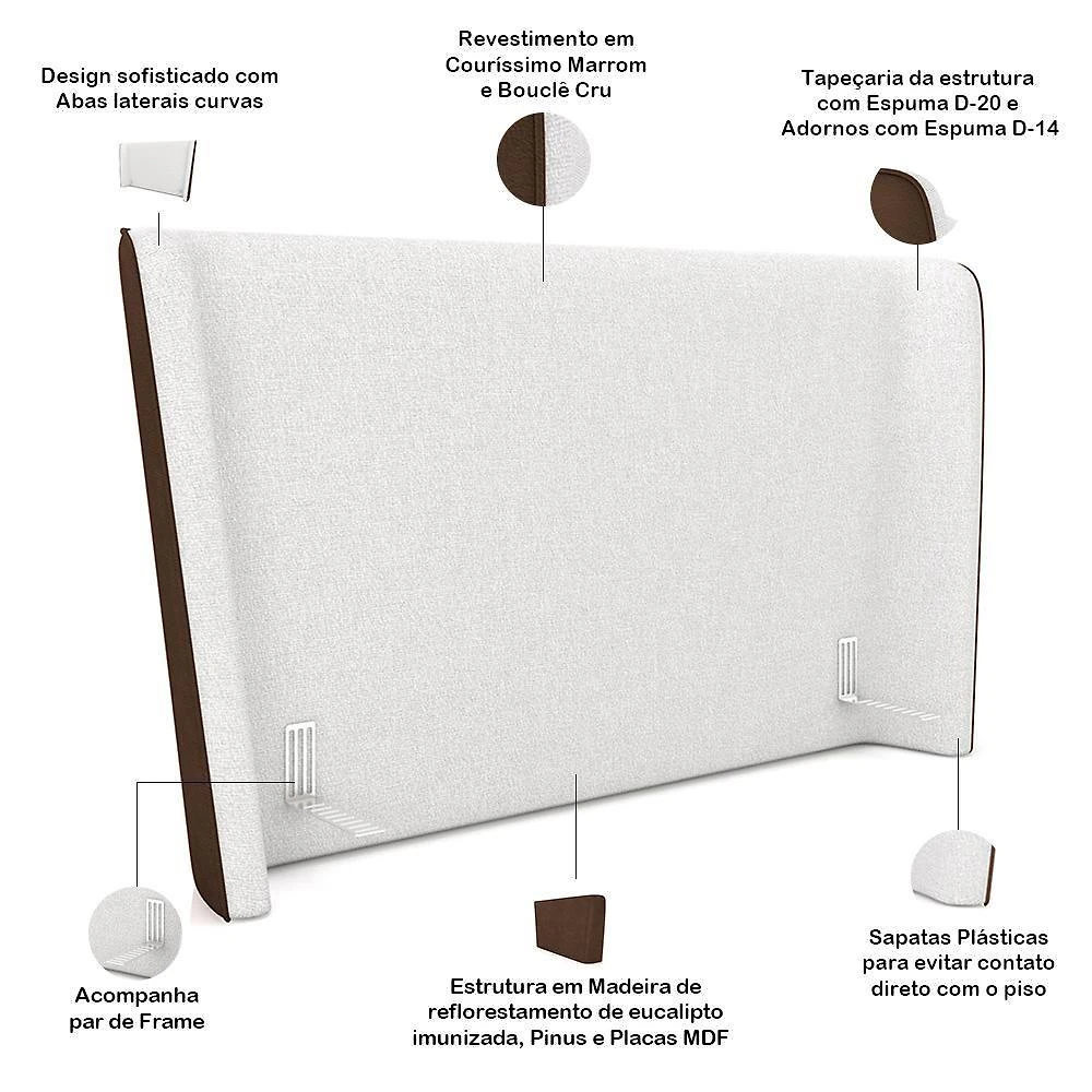 Miniatura Cabeceira Casal Nilo 195cm Com Cama Pés Madeira Suném P05 Couríssimo Marrom Bouclê Cru - Lyam Decor