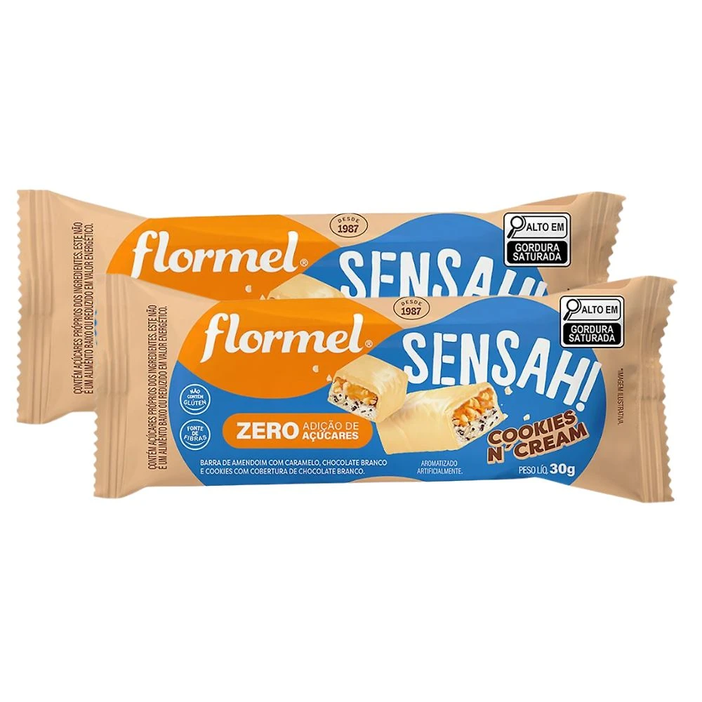 Kit 2 Barra de Amendoim Flormel Sensah! Cookies n'Cream com Cobertura de Chocolate Branco 30g