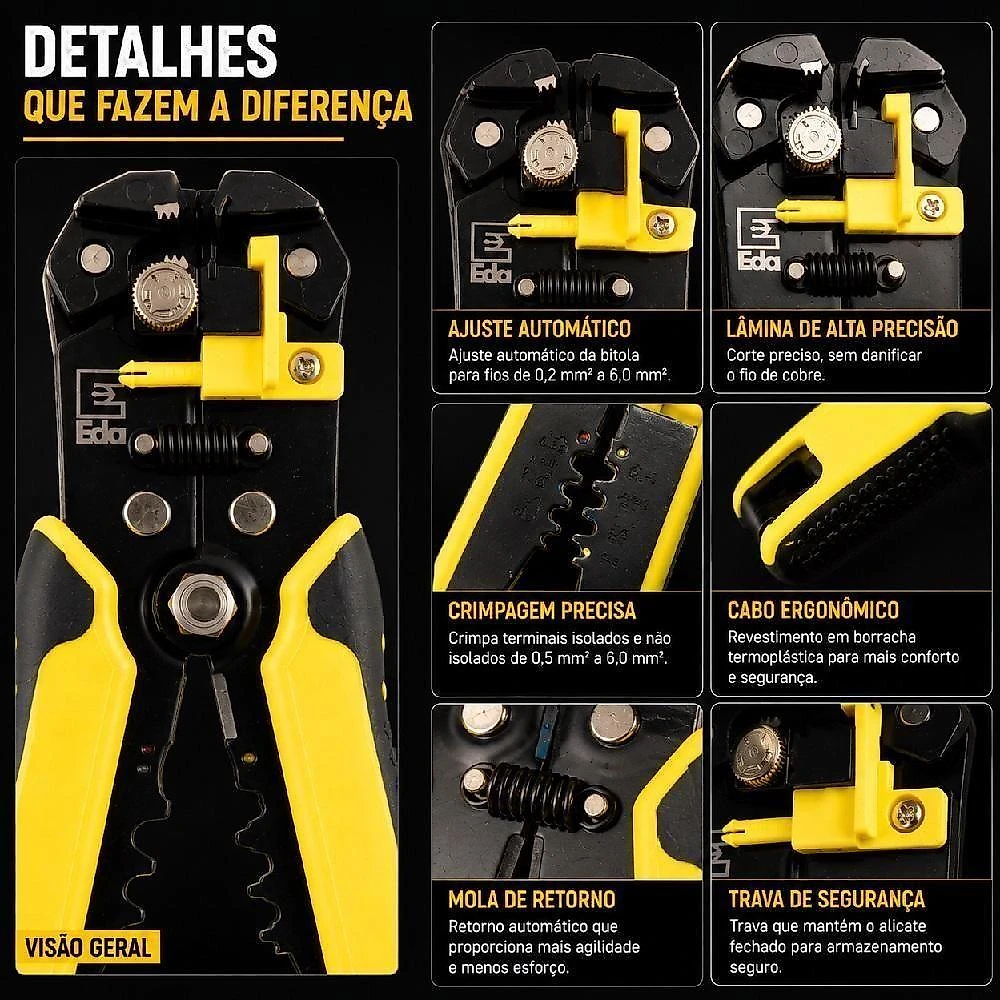 Alicate Desencapador Crimpador Automático 3 em 1 0SF Ajustável Amarelo EDA Profissional webcontinental-7736214802262