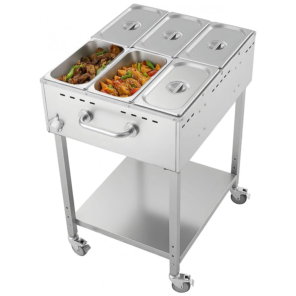Mesa Aquecedora a Gás VEVOR GBW-6 6 Cubas Inox Válvula de Dreno Rodas Travamento Externo