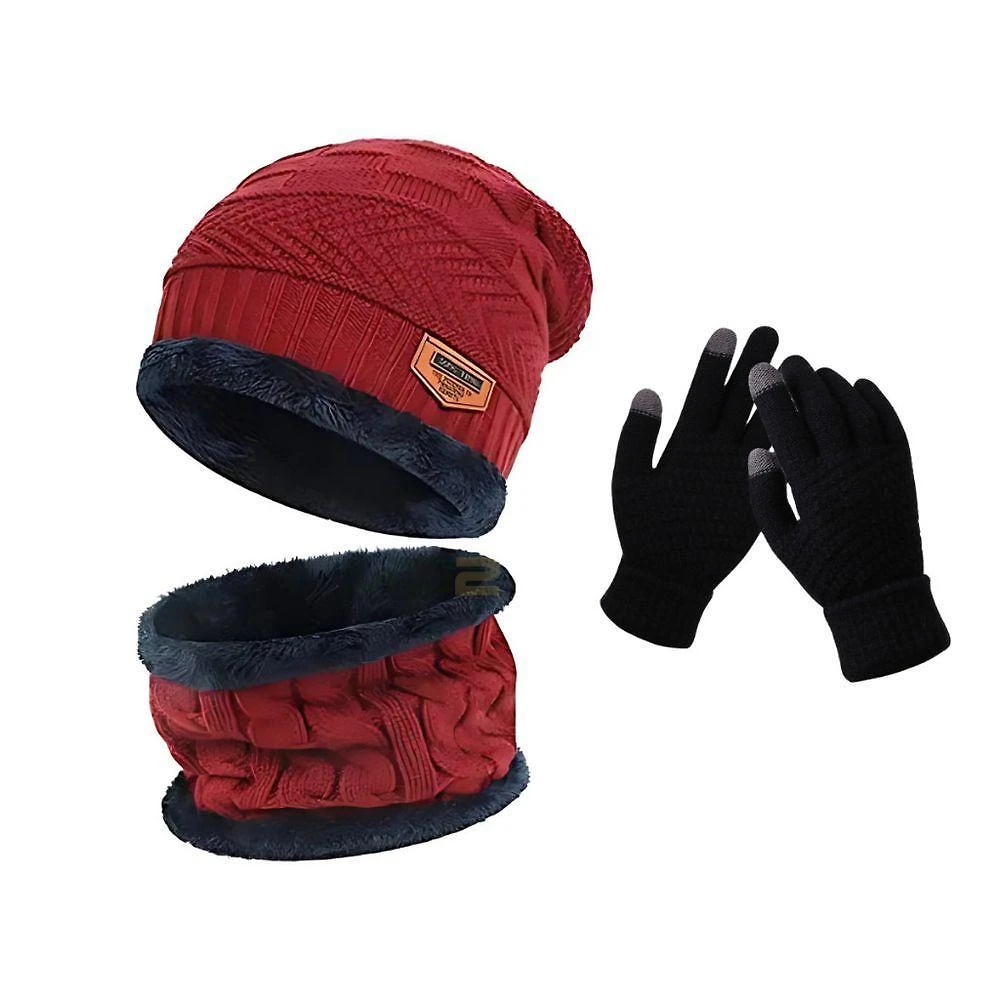 Kit de Frio OEM Geométrica 100% Lã Antialérgica Adulto Vermelho com Luva Touch Touca e Protetor