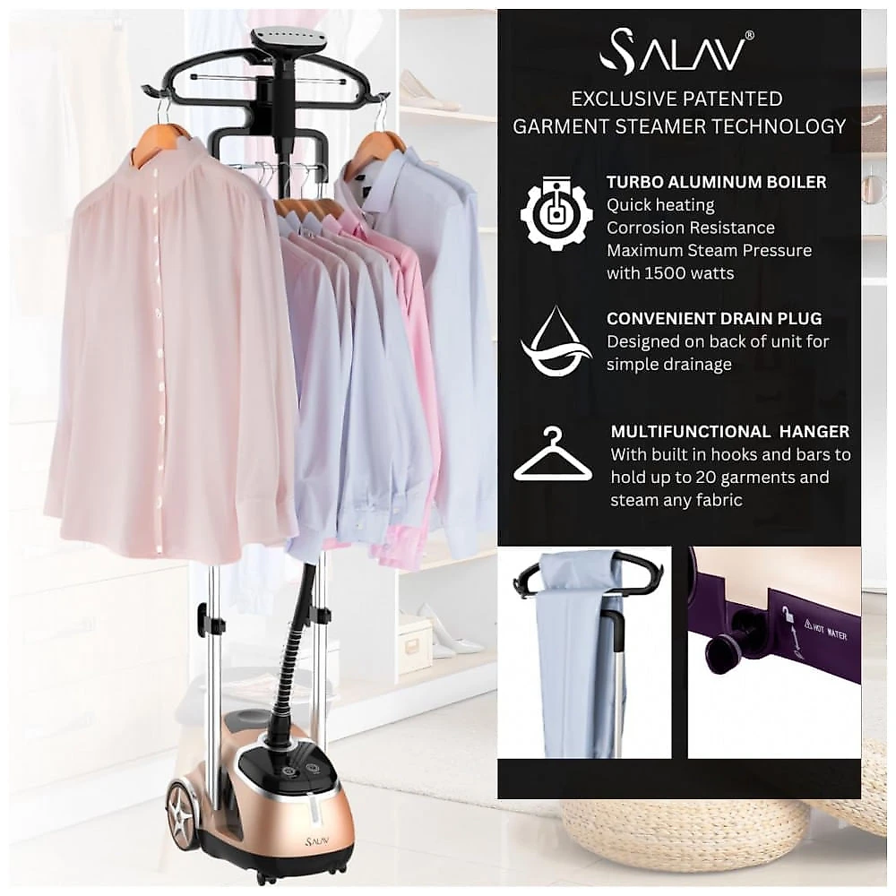 SALAV Deluxe Edição Limitada Série Profissional de Vaporizador de Roupas com Duplo Suporte e Pedais, 3 Pacotes de Descalcificante