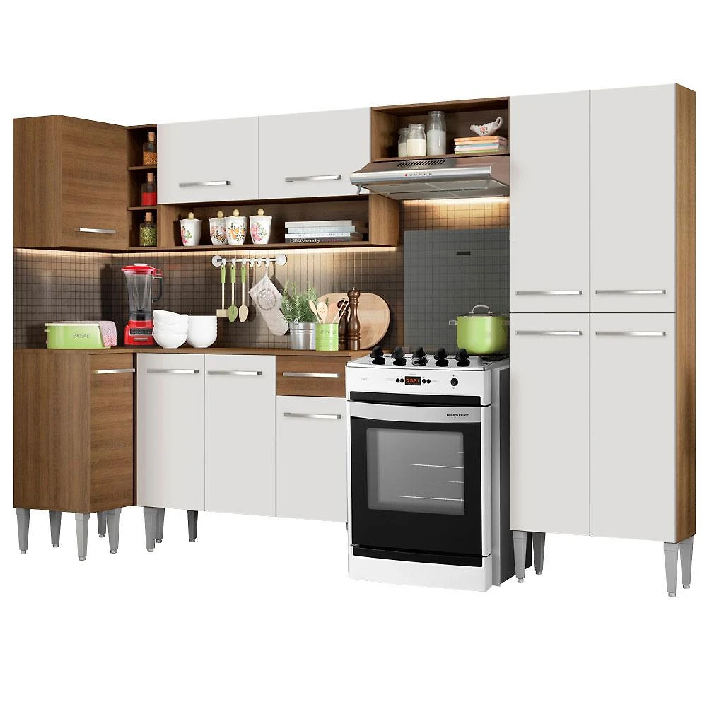 Cozinha completa de canto reto madesa emilly sun com armário e balcão 11 portas 1 gaveta - rustic/branco