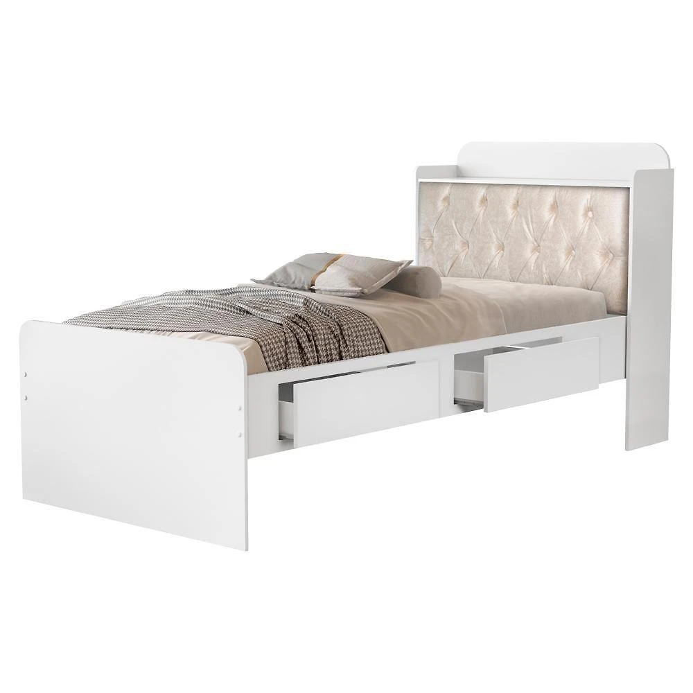 Cama Solteiro Baú Tamires com Gavetas Capitone Mdf Branco Bege Milani Movelaria