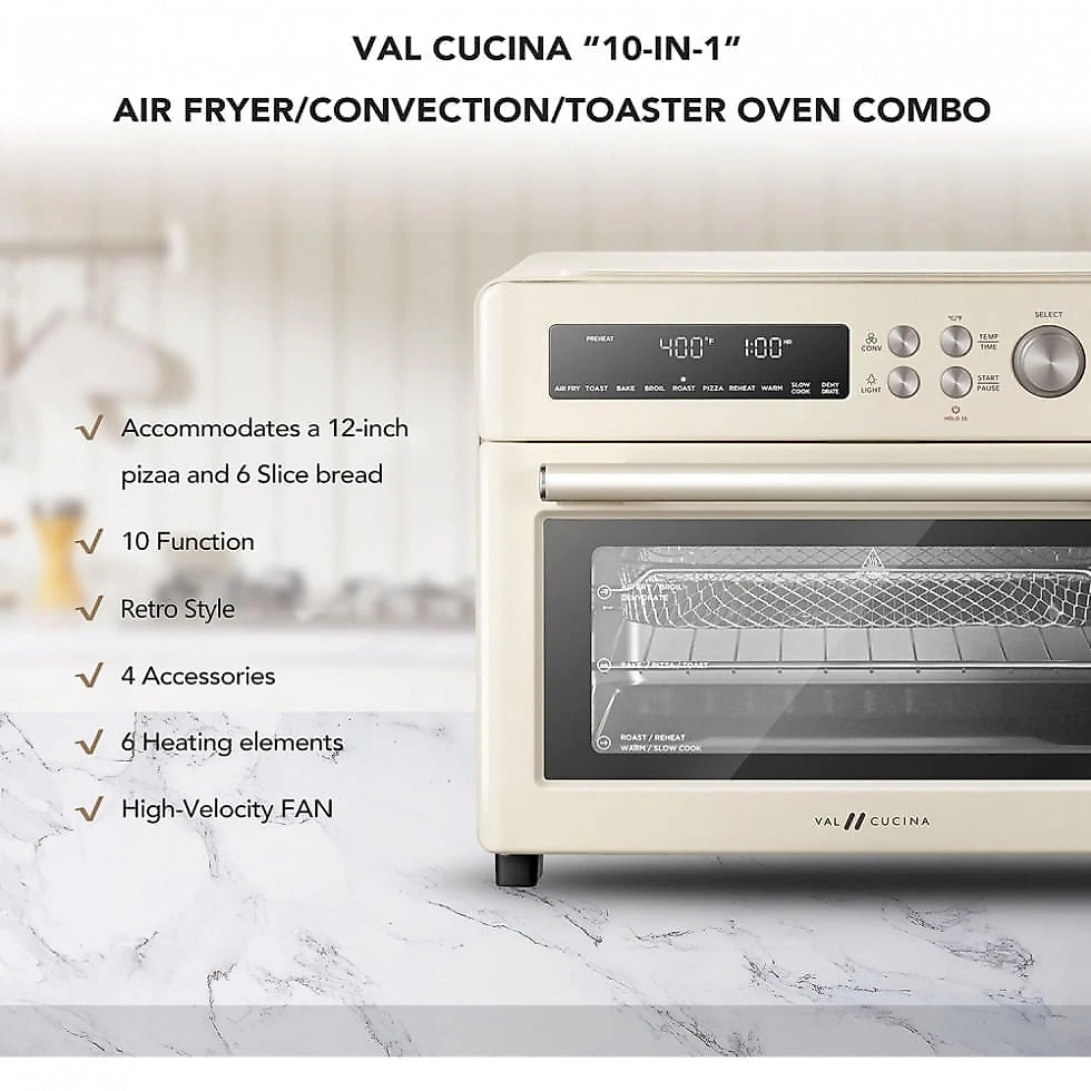 Miniatura Forno Elétrico Retro 25 Litros 10 em 1 Multifuncional de Fácil Limpeza, 110V 1750W, Val Cucina, Creme