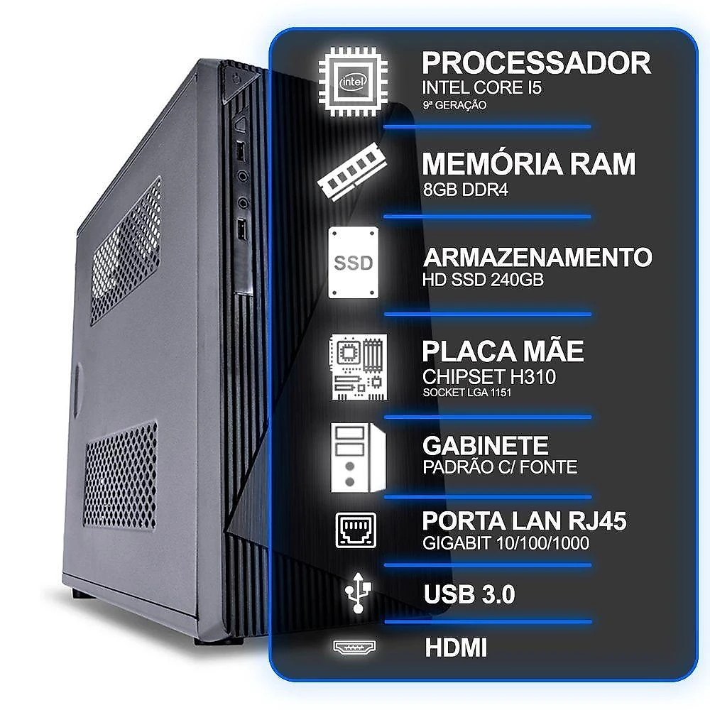 Computador Desktop, Intel Core I5 9º Geração, 8gb Ram, Hd Ssd 240gb, Conexões Usb-vga-hdmi-lan-som