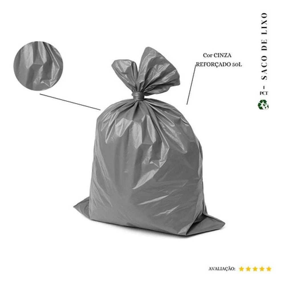 Saco de Lixo 50L Reforçado para Resíduos Médios Pacote 20 Unidades Cinza Higipack