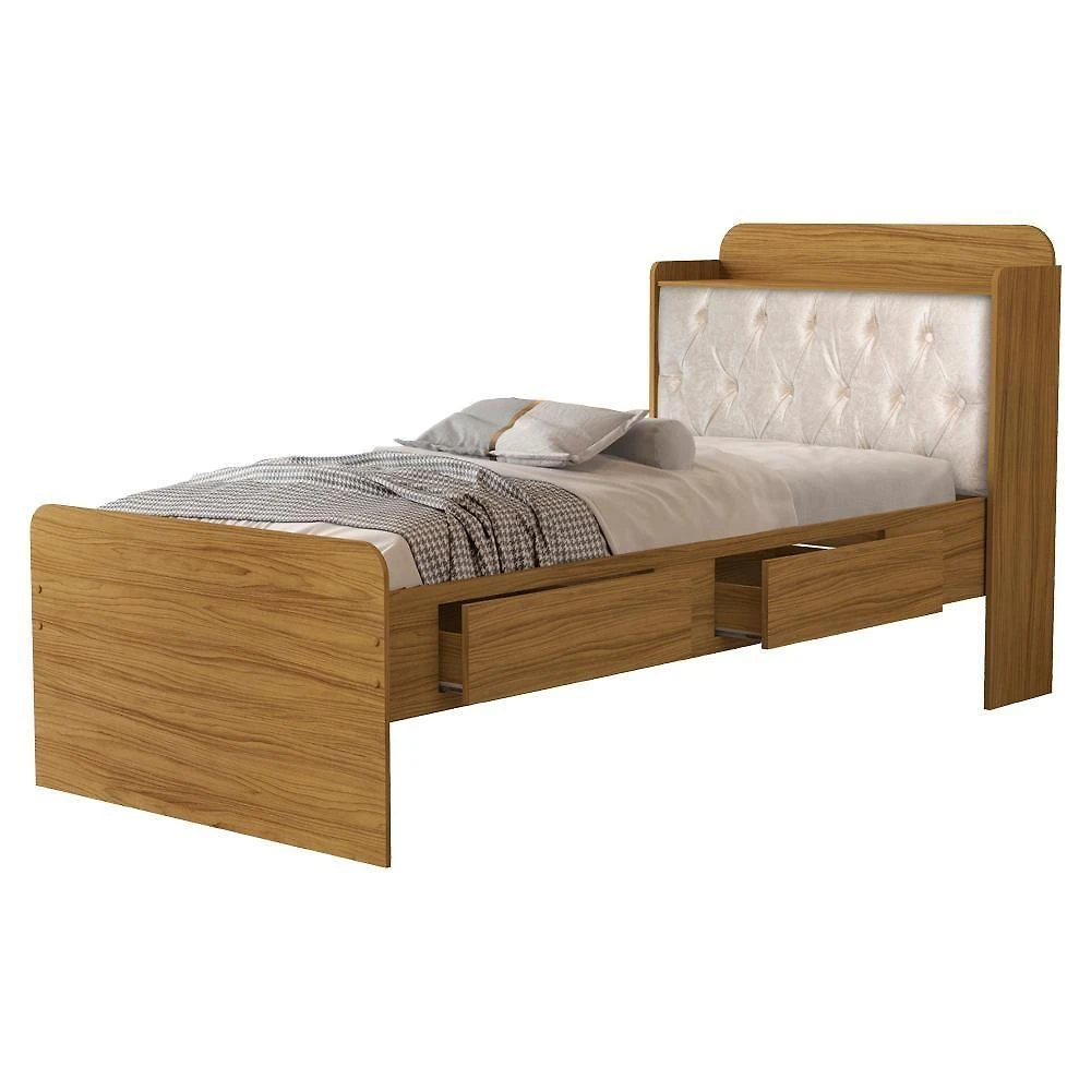 Cama Baú Solteiro Tamires com Gavetas e Cabeceira Capitone Mdf Nature Bege Milani Movelaria