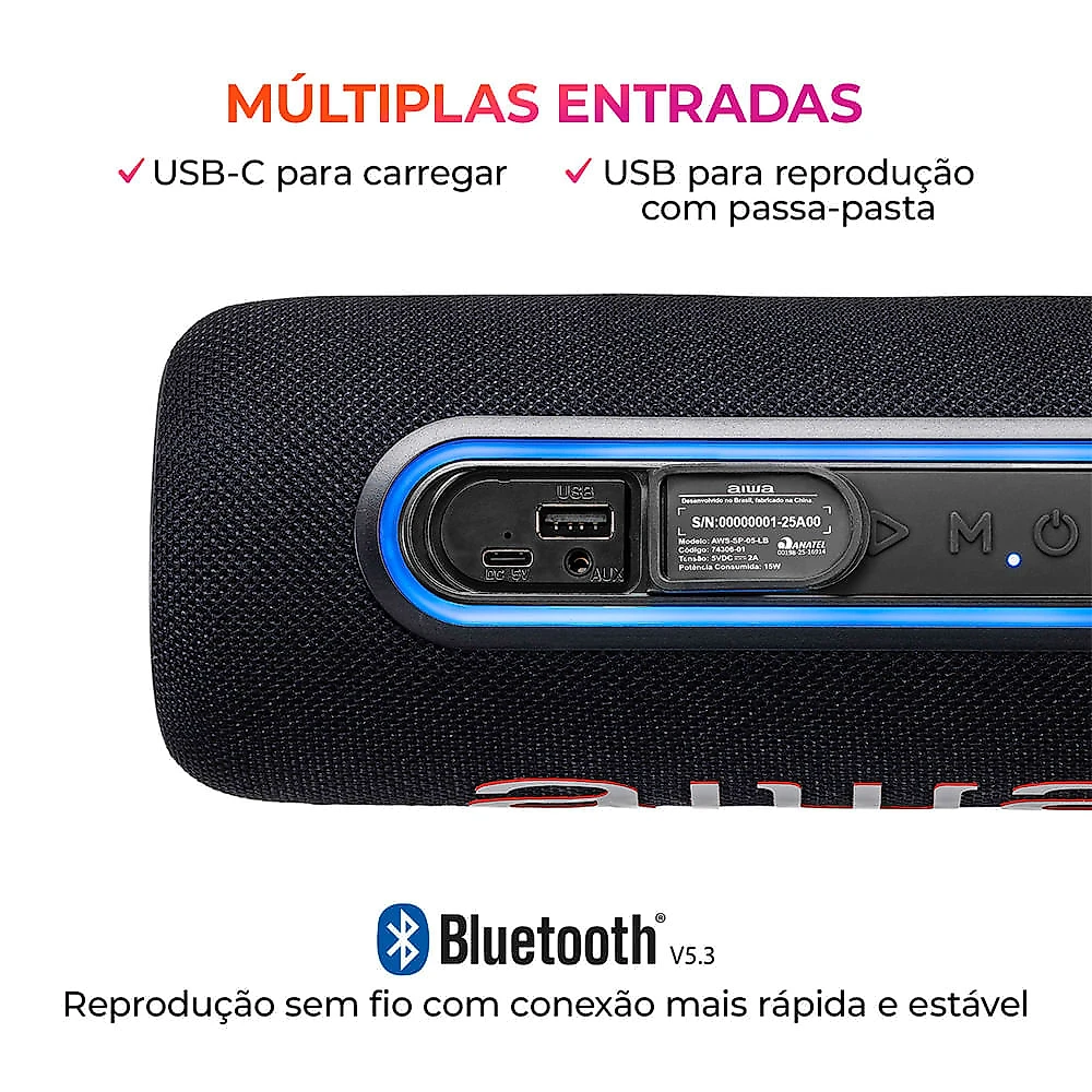 Caixa de Som Speaker AIWA SP-05-LB 30W Bluetooth IPX5 BIVOLT