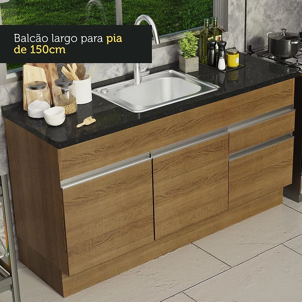 Balcão de pia armário de cozinha 150 cm 2 portas e 2 gavetas (sem tampo e pia) rustic glamy madesa