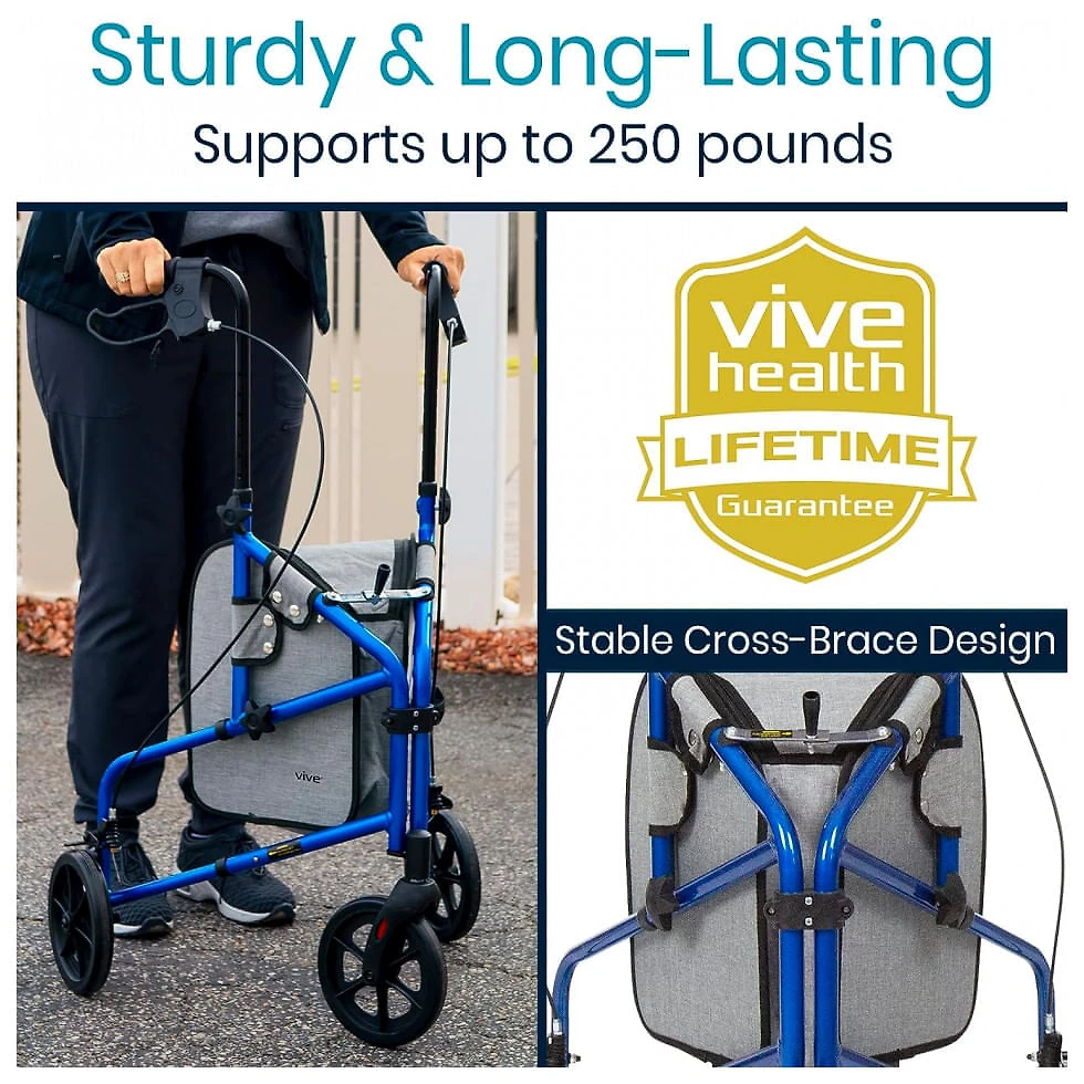 Miniatura Andador Adulto Idoso 3 Rodas Vive Mobility com Bolsa, Suporta até 113 Quilos, Preto