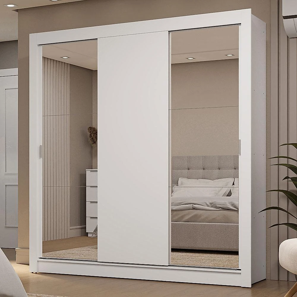 Guarda-roupa casal 3 portas de correr com espelhos 2 gavetas sublime madesa branco