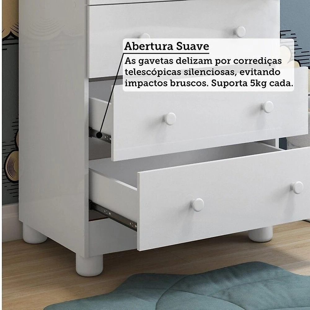Quarto de Bebê com Cômoda 4 Gavetas e Berço 4 em 1 Minicama 100% Mdf Mike Espresso Móveis Branco Brilho/Amêndoa