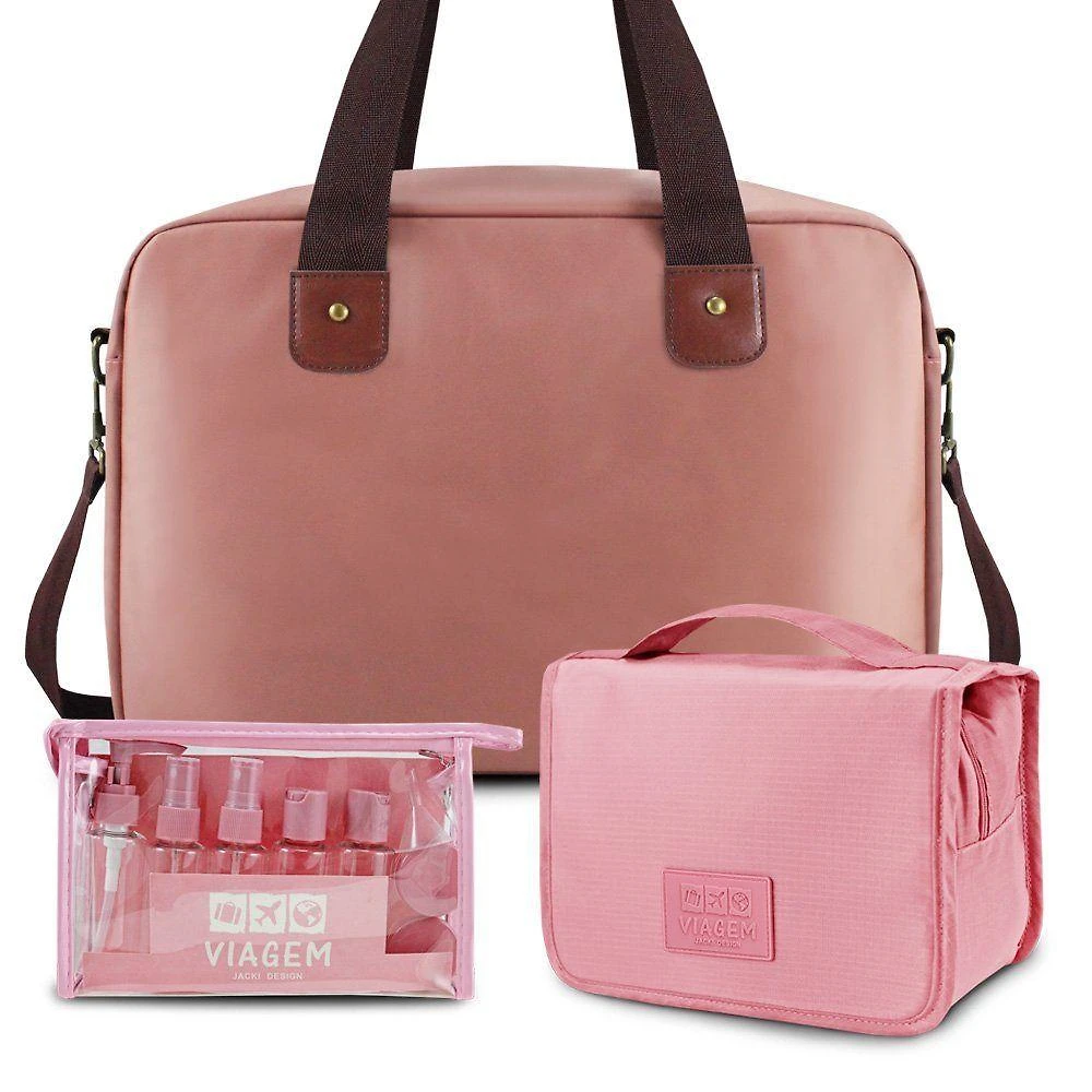 Kit Bolsa De Viagem + Necessaire + Frascos De Viagem 10 Peças Rosa
