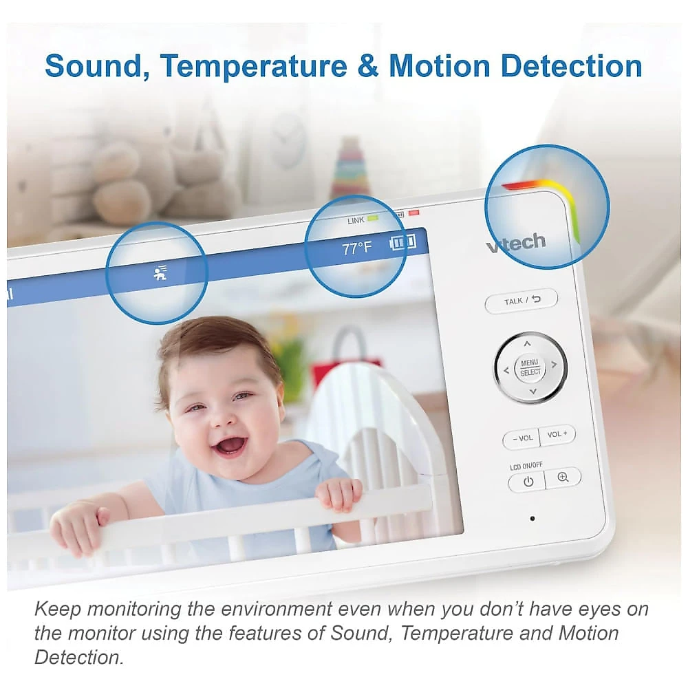 Babá Eletrônica com Monitor com Wi-Fi, 2 Câmeras 1080p, Visão 360°,Luz Noturna e Acesso Remoto,VTECH RM7766-2HD,Branco 110v