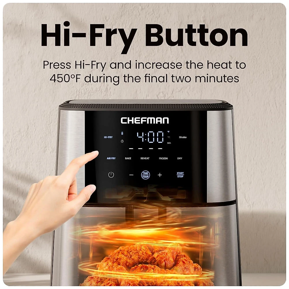Fritadeira elétrica sem óleo 5,7L Chefman inox painel digital 5 funções botão Hi-Fry lembrete para agitar 1500W 110V
