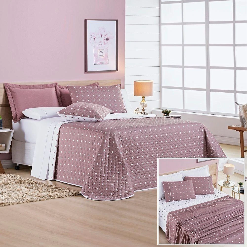 Cobre Leito + Jogo De Cama 200 Fios Petit Poá King 07 Peças 100% Poliéster - Rose