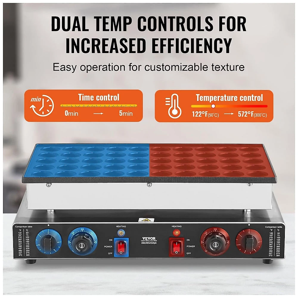 Máquina de Poffertjes Mini Panquecas VEVOR 50 Unidades 1700W Antiaderente Duplo Controle 110V