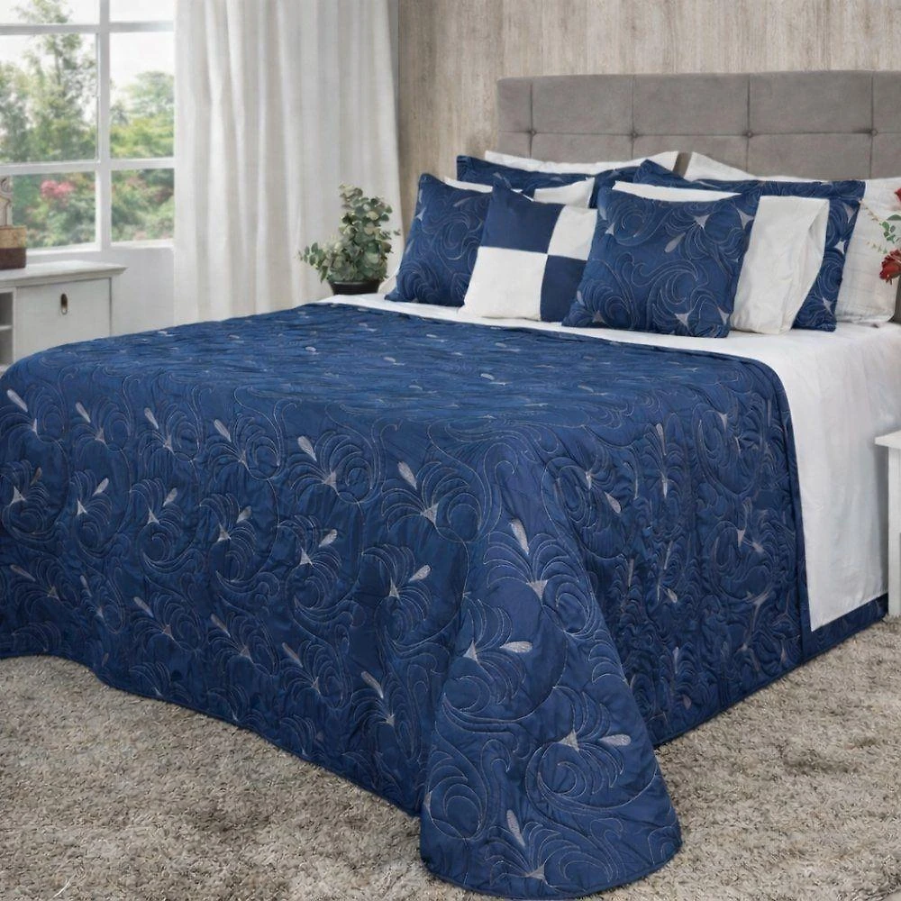 Cobre Leito Melody King Bordado Dupla Face 5 Peças Hipercal 180 Fios 100% Poliéster - Azul Marinho