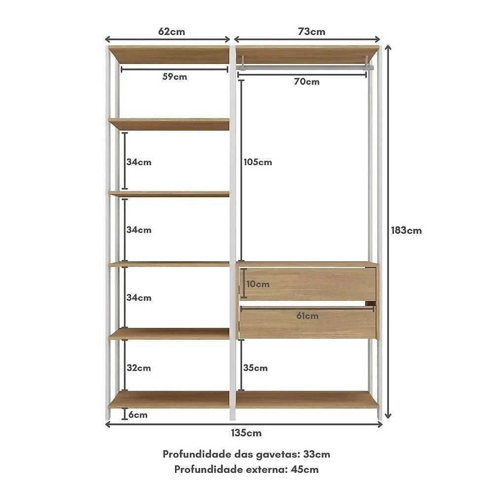 Guarda-roupa Closet Modulado Arizona 6 Gavetas 405cm Multimóveis Mp4785 Branco/madeirado