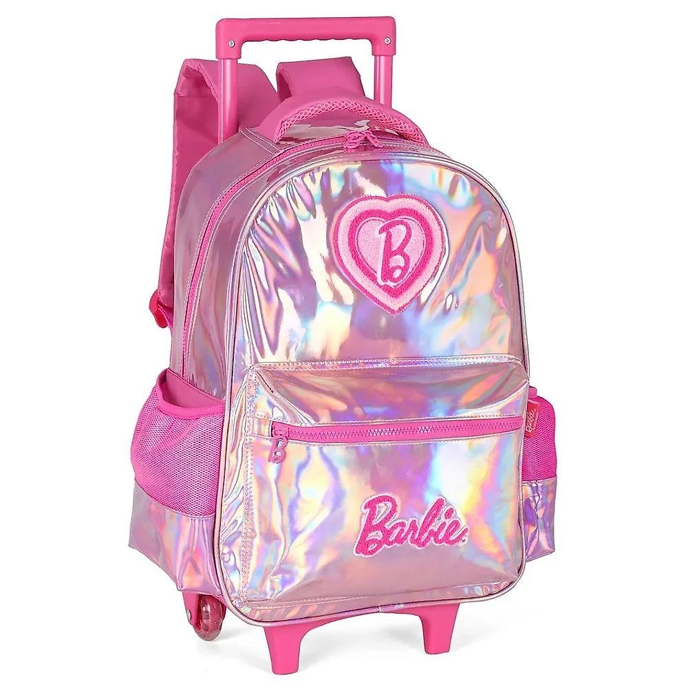 Kit Mochila Rodinhas Estojo Escolar Infantil Barbie Rosa Holográfica com Alça Luxcel