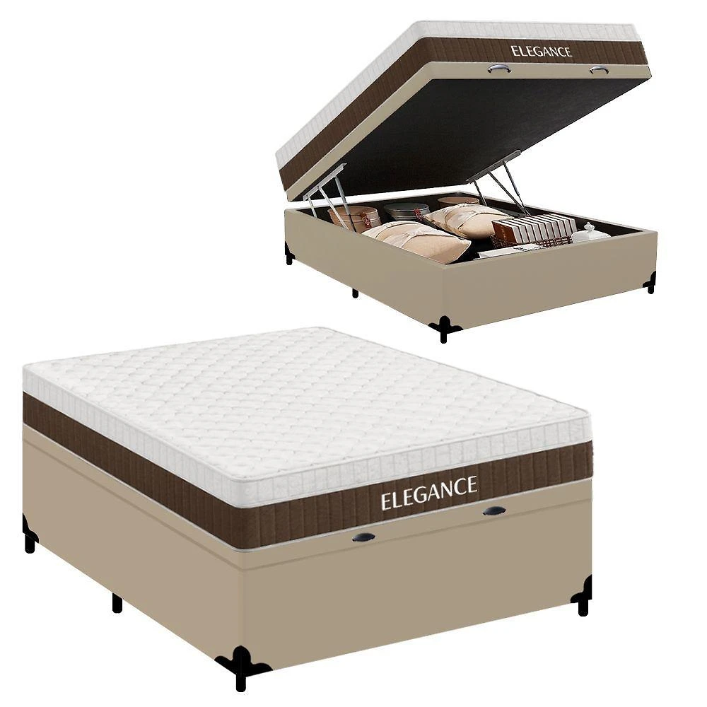 Cama Box com Baú Casal Elegance Euro Pillow Molas Ensacadas Tecido Bege Royal