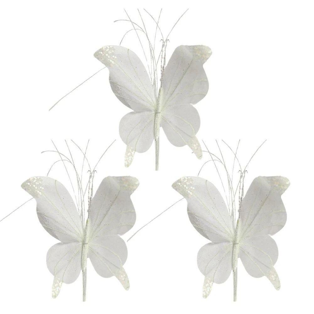 Kit 3 Borboletas Pick Natalina Tecido e Ferro e Glitter 23CM Branco Yangzi