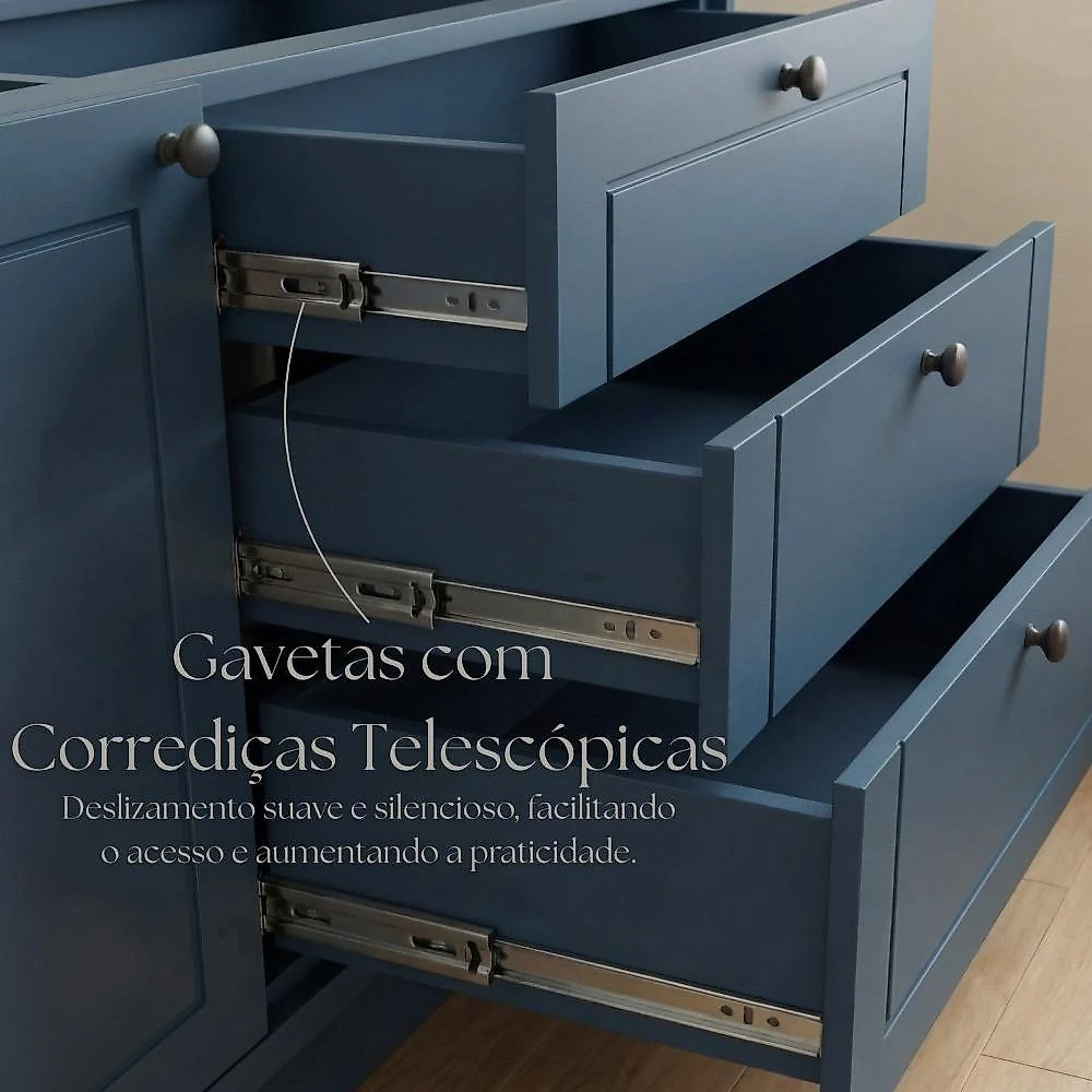 Cozinha Compacta Modulada 7 Portas 3 Gavetas 100% Mdf 2 Tampos Sevilha Azul Órion