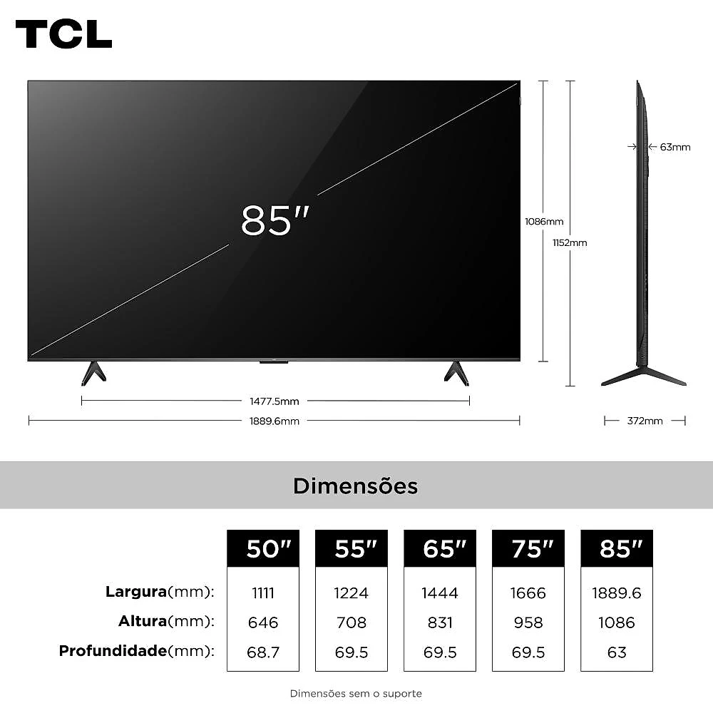 Smart tv 85” tcl 85p7k 4k qled uhd 60hz com sistema operacional google tv