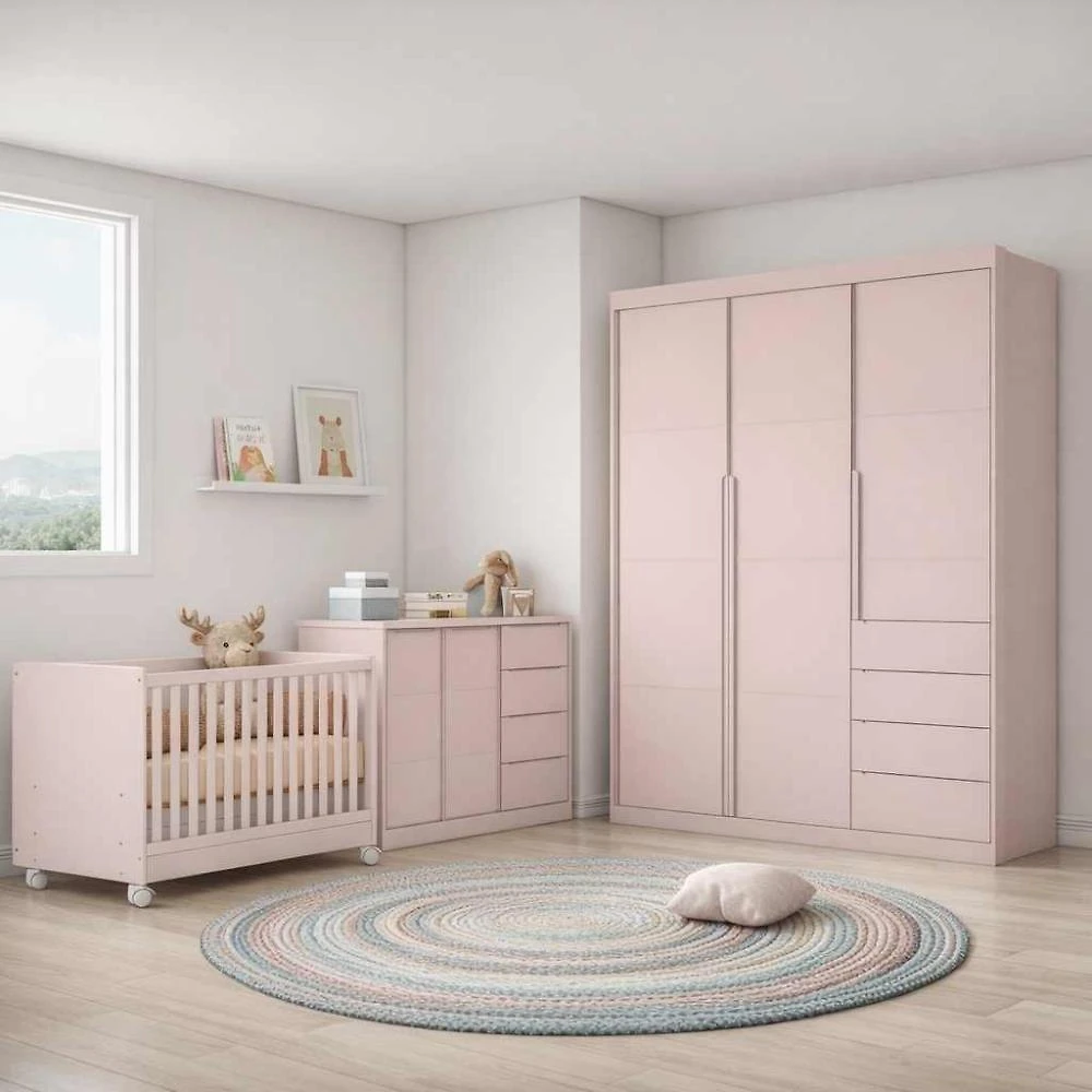 Jogo de Quarto Pérola 3 Portas 4 Gavetas + Cômoda + Berço Mini Cama MDF Rosê Phoenix Baby
