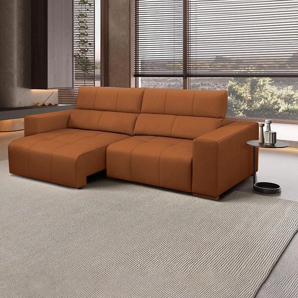 Sofá Decorativo Barbosa 5 Lugares Sala De Estar 290cm Reclinável E Retrátil Couro Conhaque