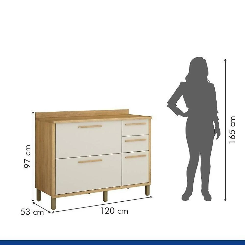 Conjunto de Cozinha Balcão 3 Portas 2 Gavetas e Armário Aéreo 120cm 3 Portas Ripado Torino Cinamomo/Off White