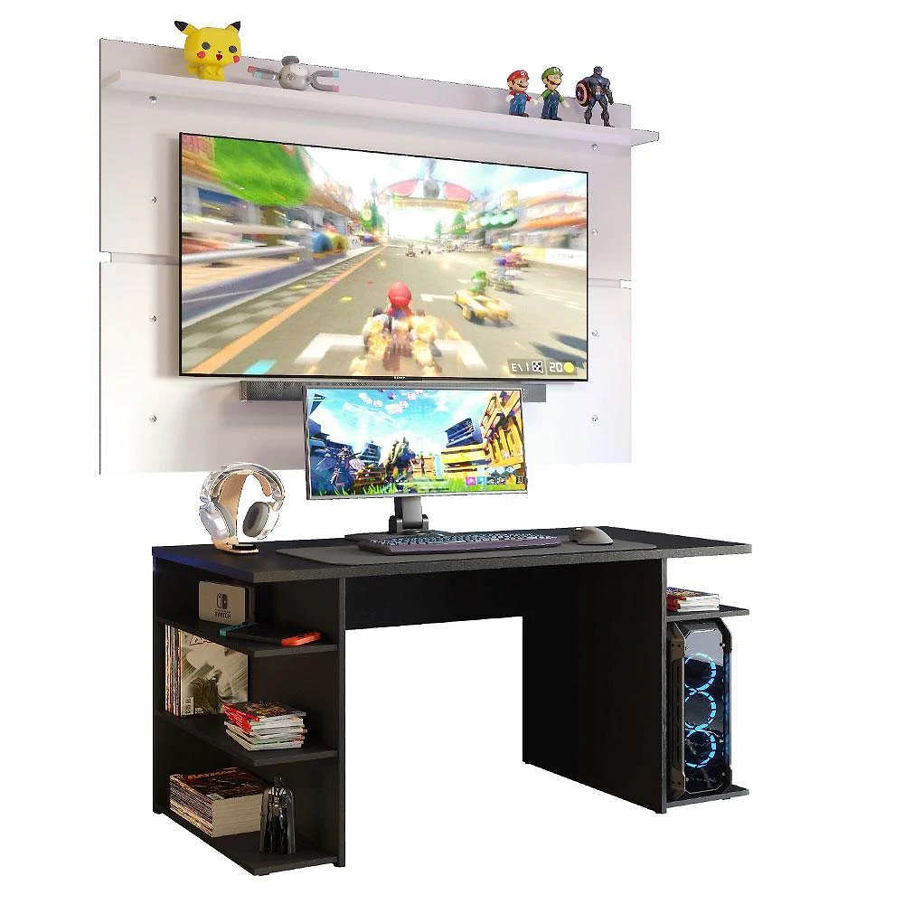 Mesa para computador gamer madesa 9409 e painel para tv até 65 polegadas - preto/branco