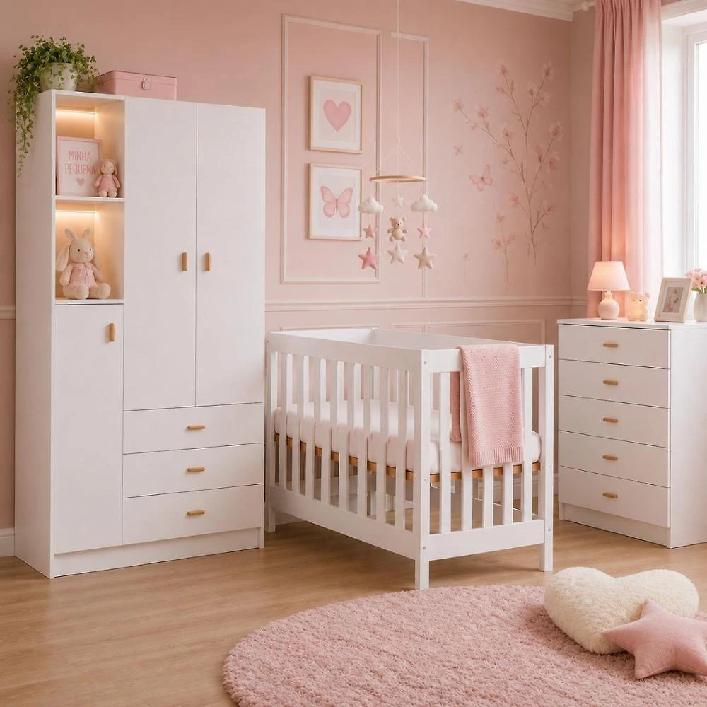 Quarto Infantil BBI-56 BB120 BB-322 3 Portas 5 Gavetas MDP 120CM Branco Ditália Móveis com Berço