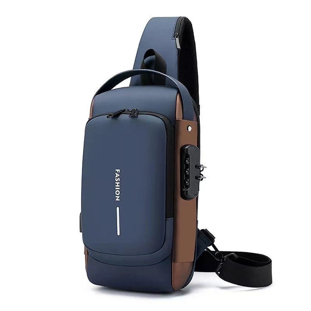 Bolsa de Ombro Mochila Masculina OEM em PU Impermeável Azul e Marrom para Notebook Até 8 Polegadas