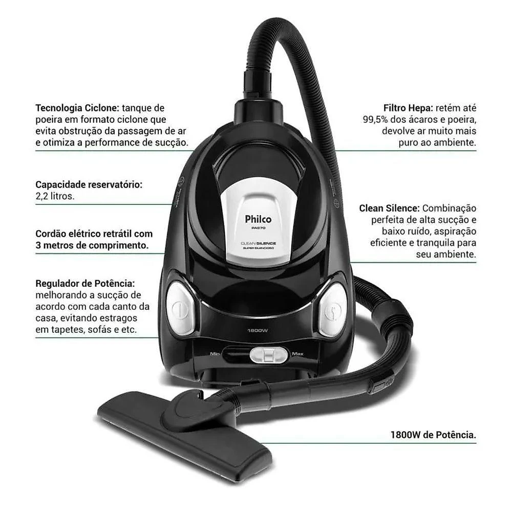 Aspirador de Pó Vertical Philco PAS70 1800W 2,2L Filtro HEPA Super Silencioso 220V
