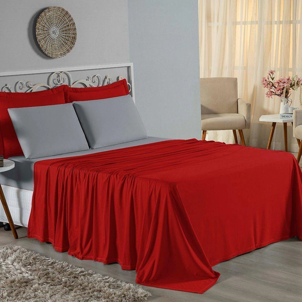 Jogo De Cama Solteiro Nobre 3 Peças Lençol Com Elástico De 30cm De Altura Malha 100% Algodão - Vermelho / Cinza