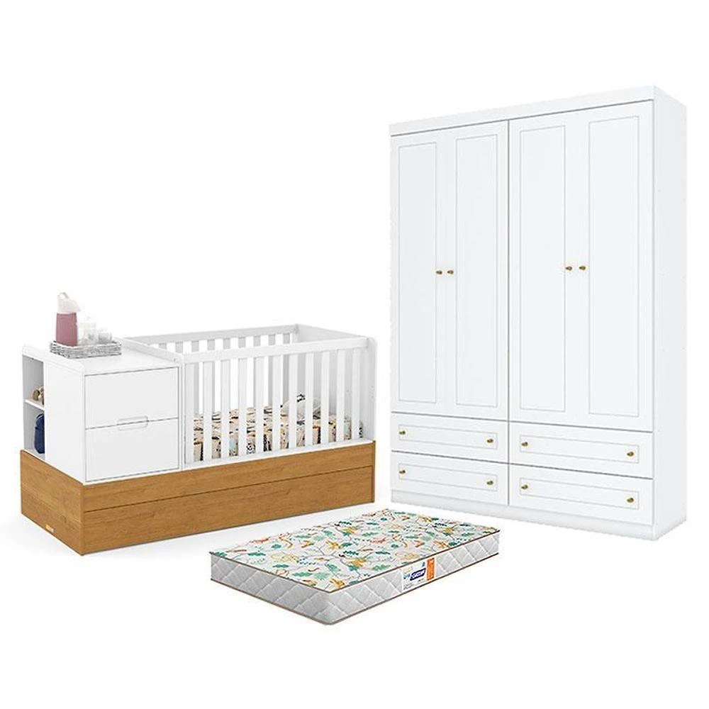 Berco Multifuncional Formare com Guarda Roupa 4 Portas 4 Gavetas MDF e MDP Branco Freijo Matic