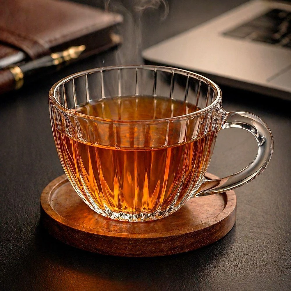 Xicara Montecarlo para Cha e Cafe Cristal com Pires Madeira Acacia 180ML Transparente Hauskraft