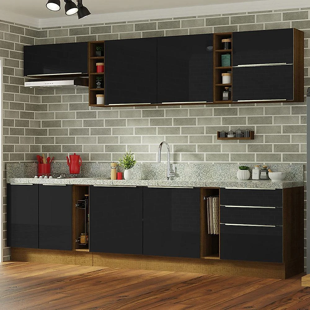 Armário de cozinha completa 300cm rustic/preto lux da sabrina madesa