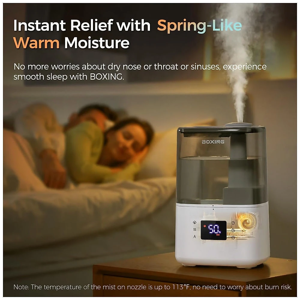 Ultrassônico umidificador de ar quente e frio Boxing para quarto e sala grandes, com controle remoto, difusor de aromas, tanque de água de 4,5L