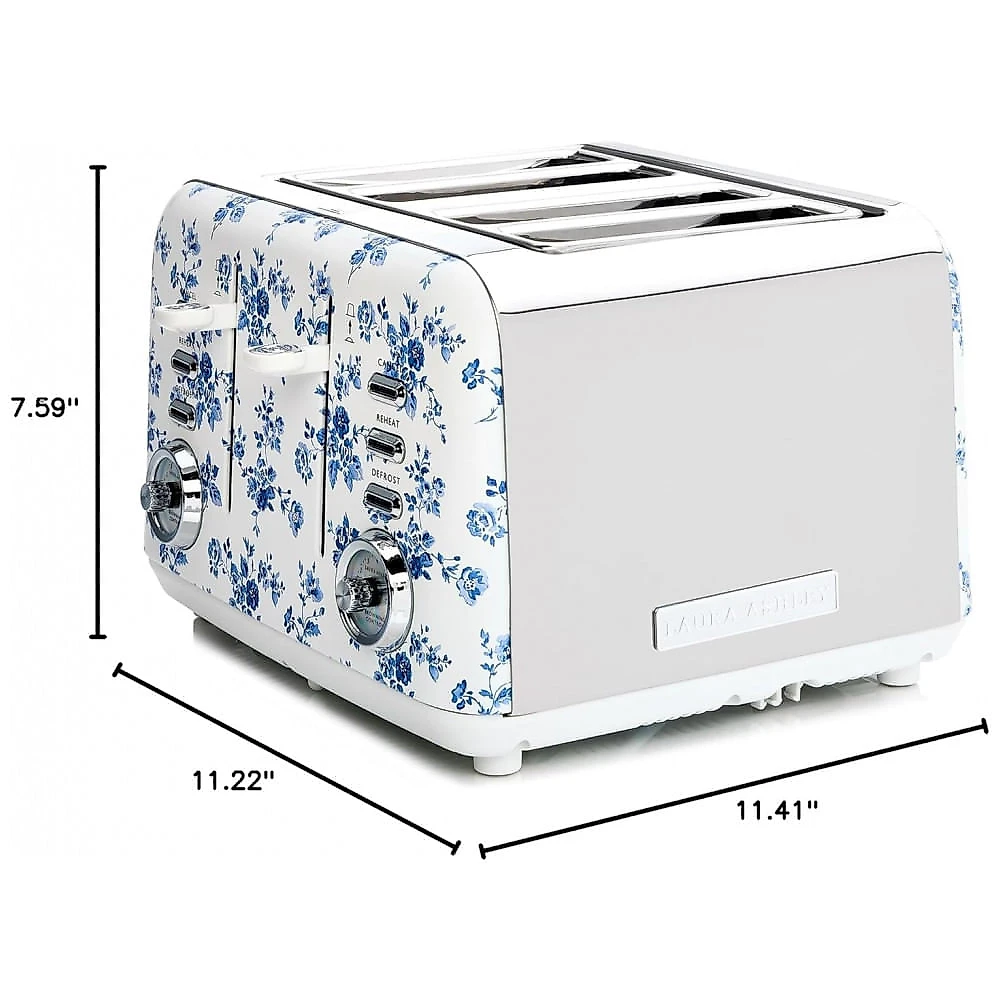 Torradeira 4 Fatias em Aço Inox Laura Ashley Rosa China com estampa floral, Slots Largos, 7 Níveis, Funções Descongelar, Reaquecer